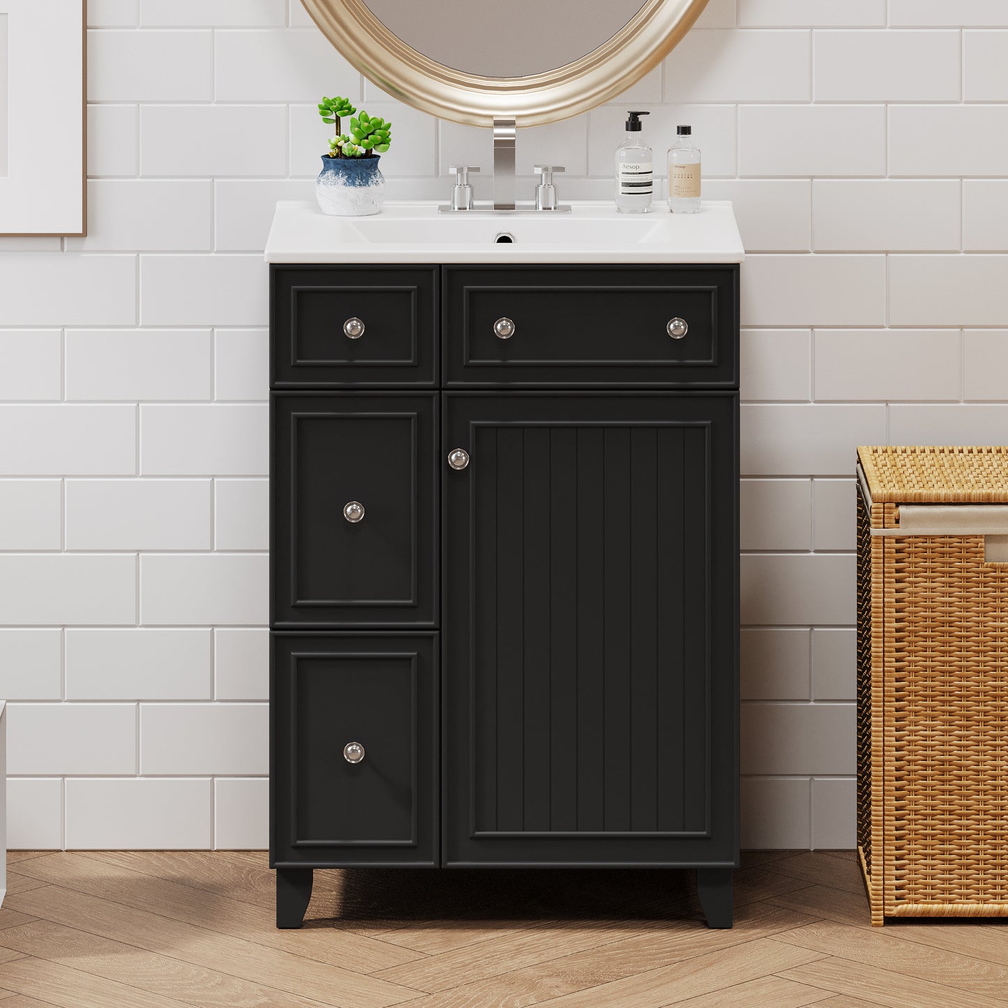 24-Inch Black Bathroom Vanity Cabinet with Ceramic Sink, 2 Drawers