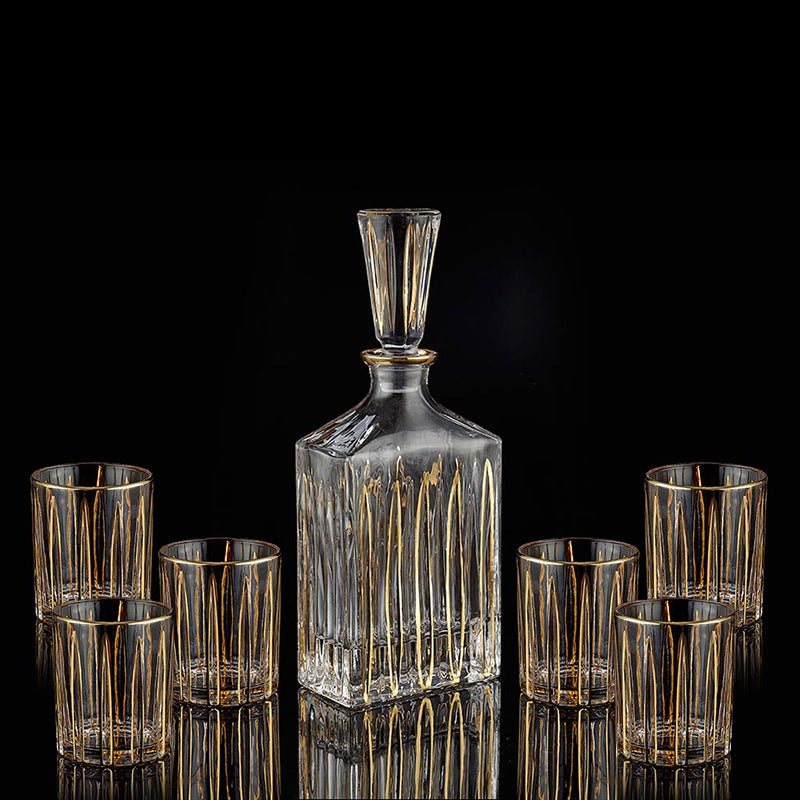 Crystal Whisky Glass Set - Home Bar Drinkware with Gilded Pattern