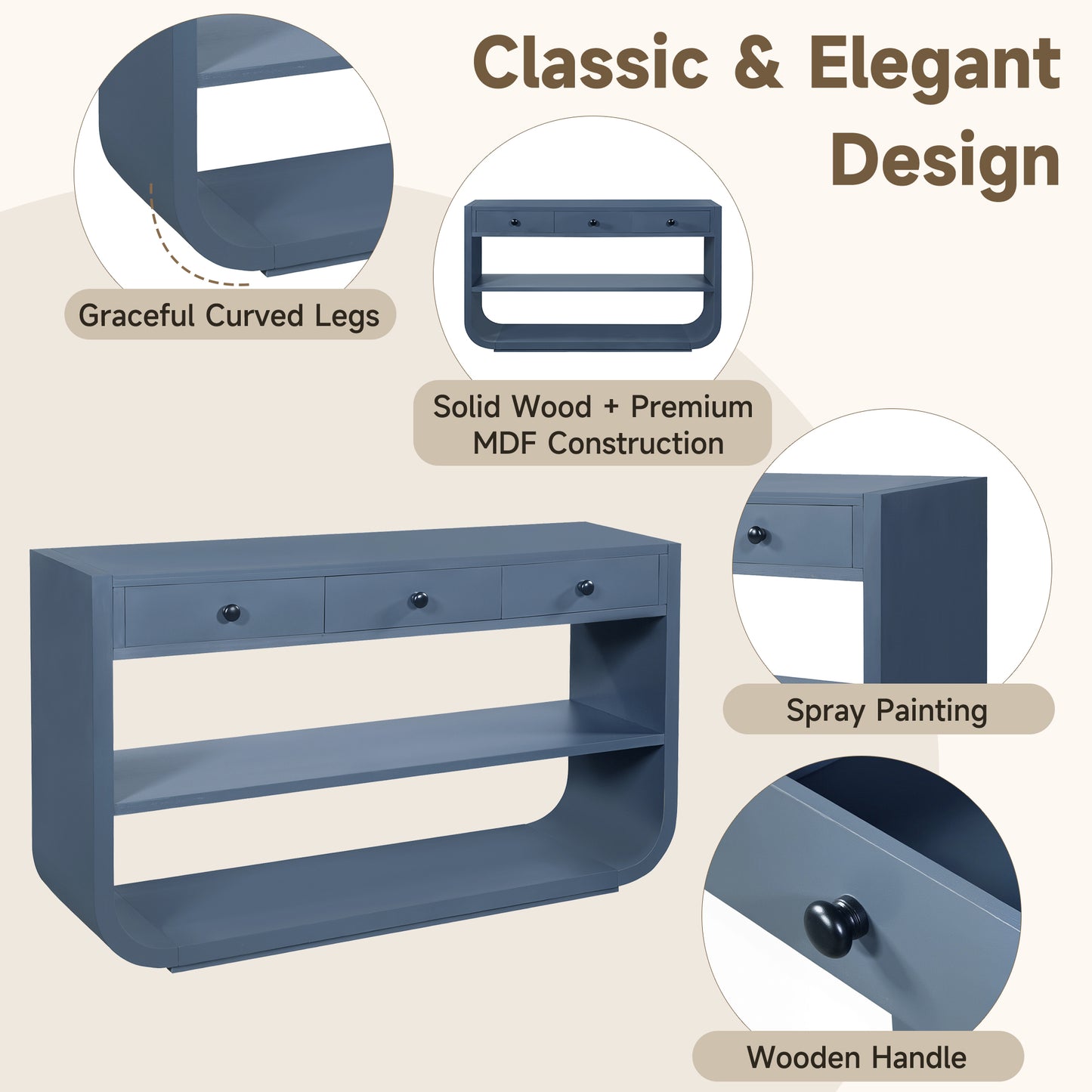 Modern Curved Console Table with 3 Soft-Close Drawers - Blue