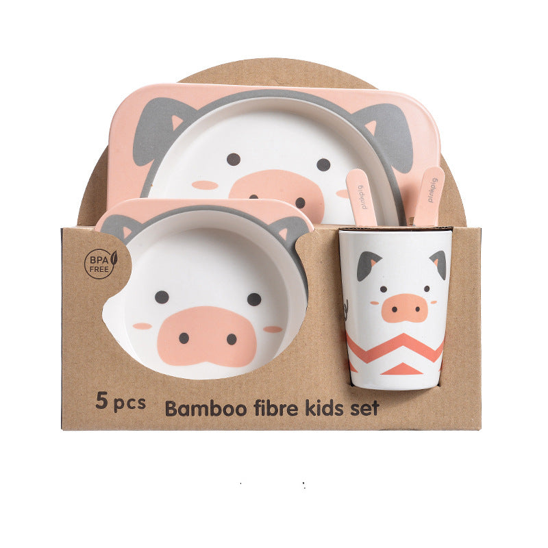 Baby Bamboo Tableware Set 5pcs - Cartoon Childrens Dinnerware for Kids
