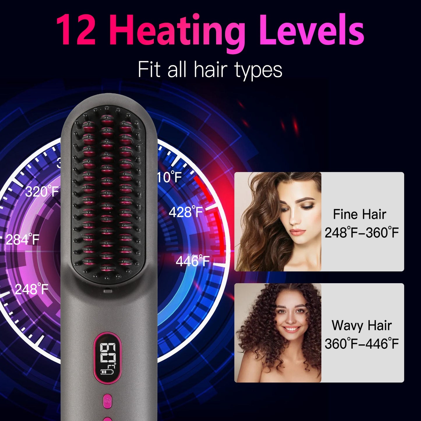 Cordless Negative Ion Hair Straightener Brush - Portable Rechargeable Comb