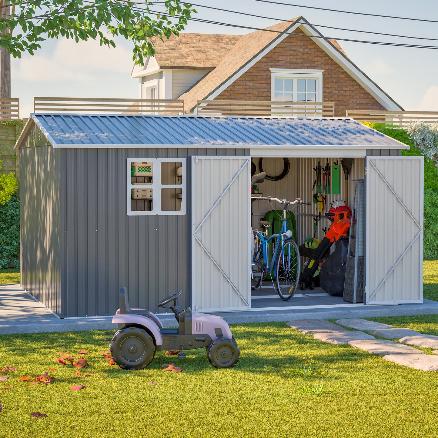 12x10 FT Heavy Duty Metal Outdoor Storage Shed - Grey