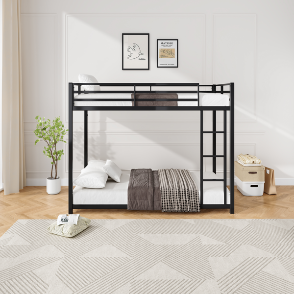 Twin Over Metal Bunk Bed, Low Bed With Ladder, Frame,Black, Sturdy