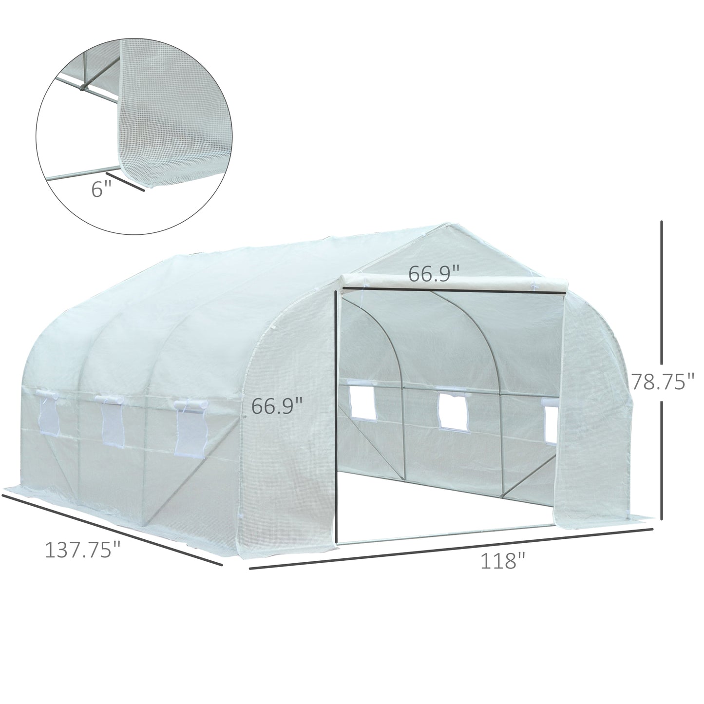 Walk-In Greenhouse with 6 Roll-Up Windows and Zippered Door - White