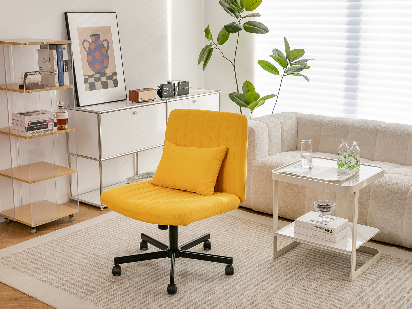 Yellow Linen Criss Cross Office Chair with Wheels - Ergonomic Design