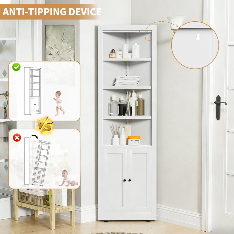 71-Inch White Corner Storage Cabinet with 5-Tier Shelves