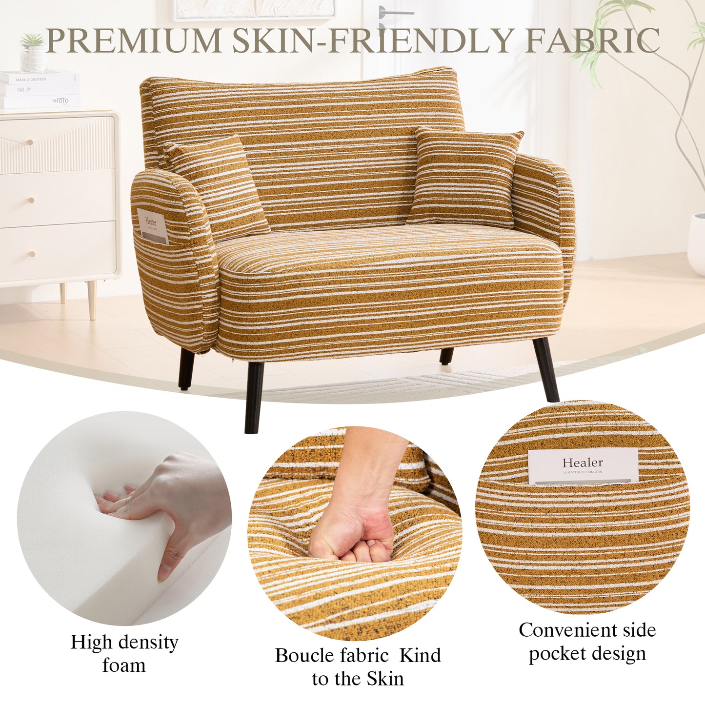 Modern Mustard Yellow Two-Seater Sofa with Storage Pockets