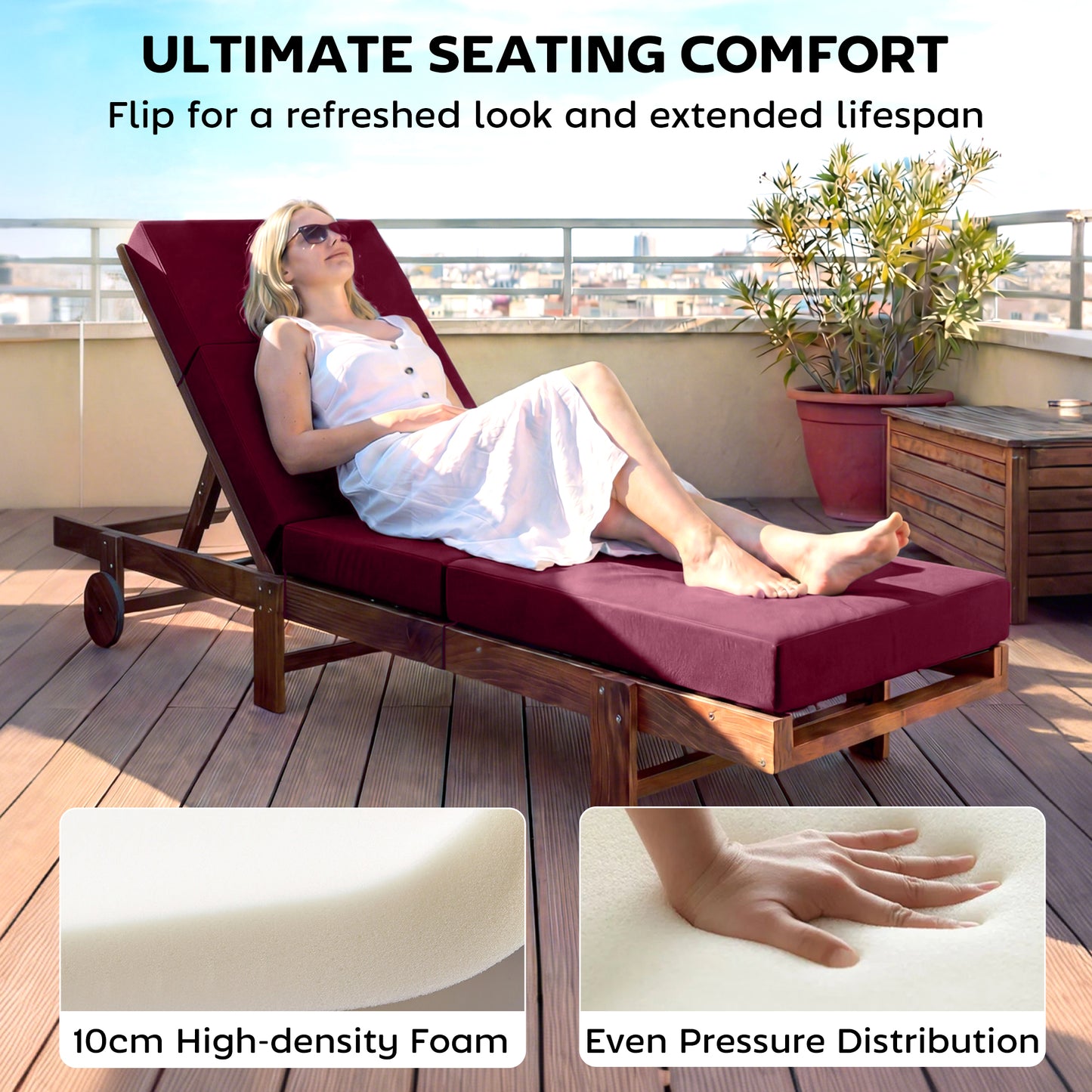 Outdoor Lounge Chair Cushion - 4" Thick, Weather-Resistant, Red, 21" x 72"