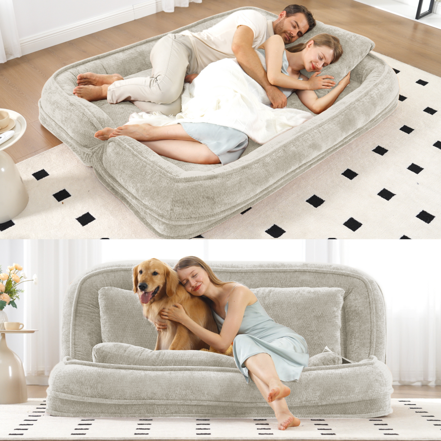Extra Large Chenille Lazy Sofa Loveseat - Beige 2-in-1 Dog Bed