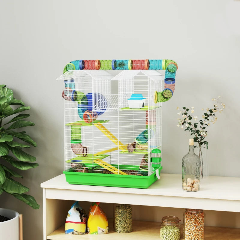 Small Animal Hamster Cage with Tunnels Water Bottle and Accessories - Green