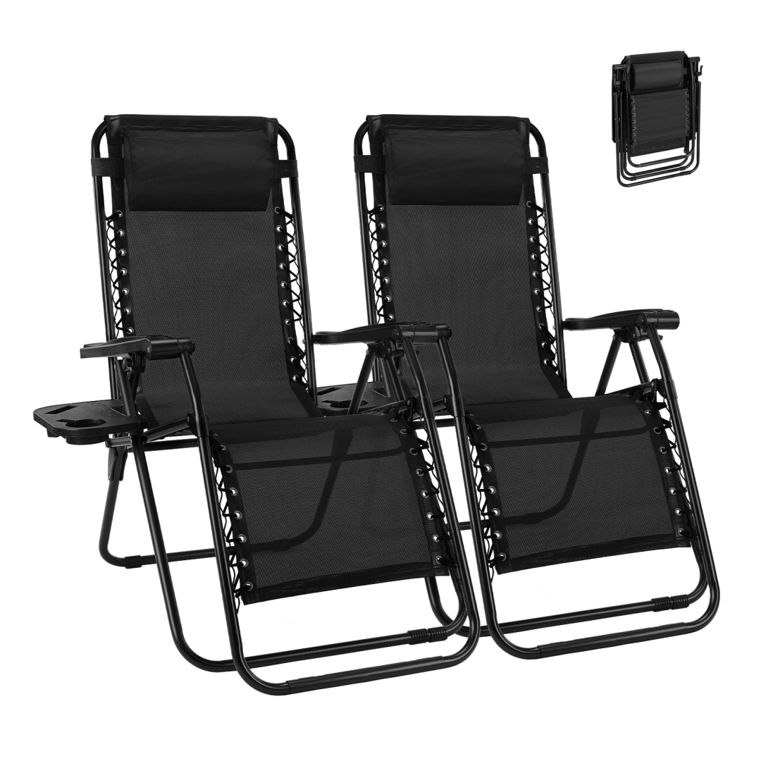 Set of 2 Folding Recliner Lounge Chairs with Pillow & Cup Holder