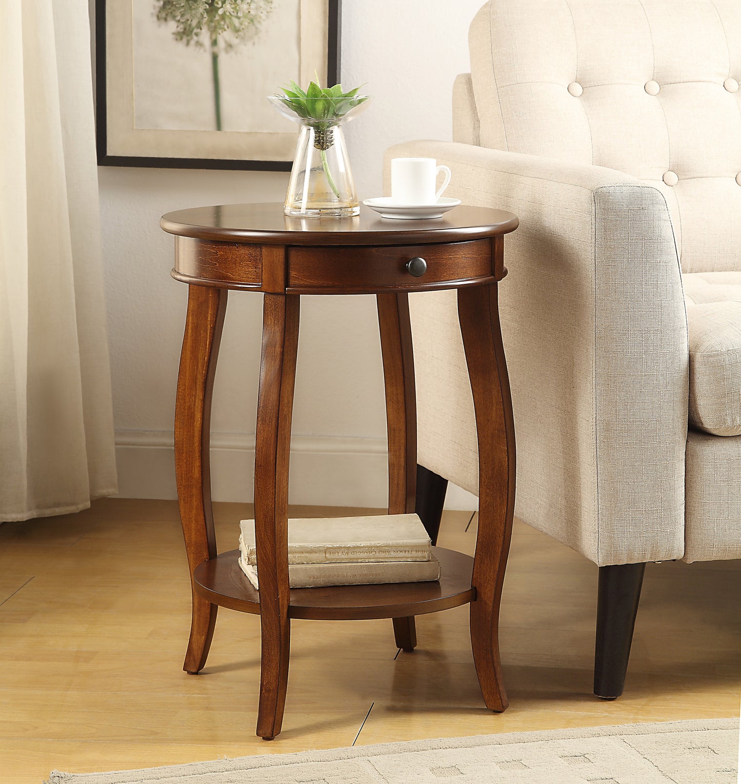 Walnut Finish Accent Table with Drawer & Open Shelf