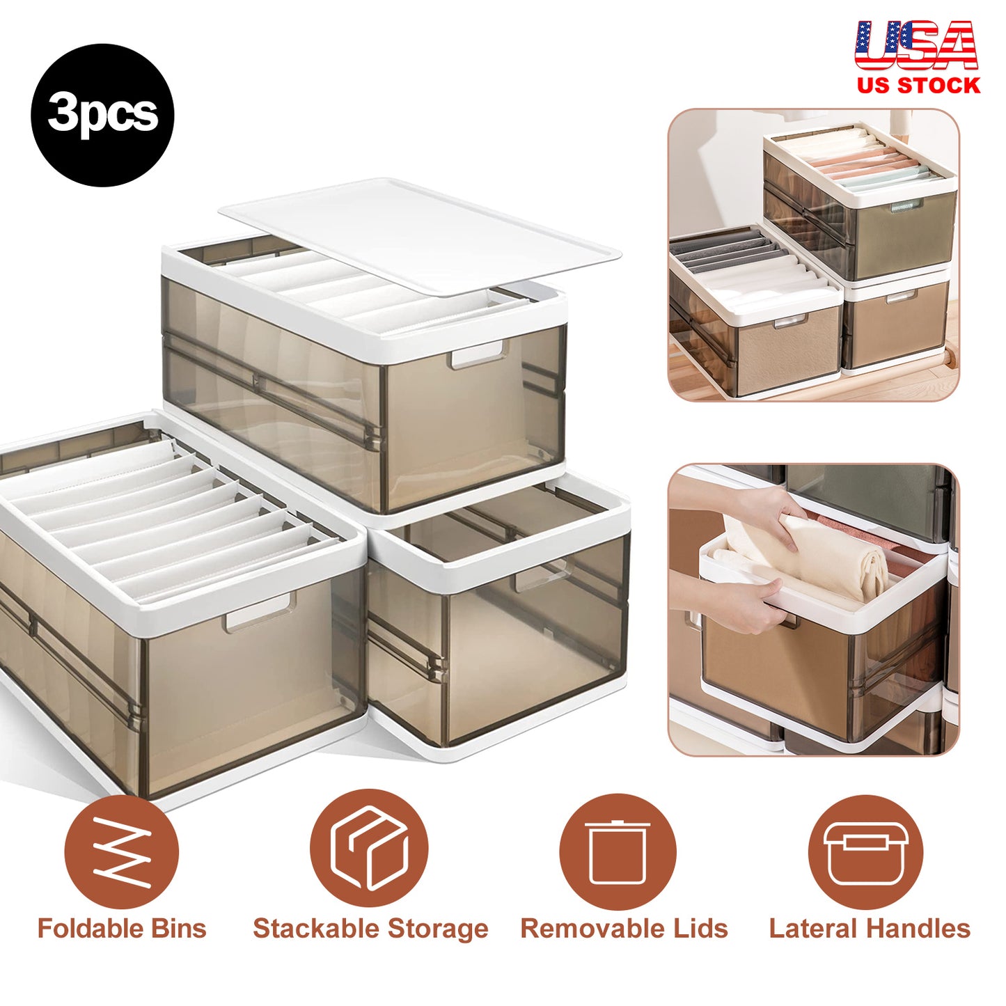 3 Pack Foldable Storage Bin With Lid Stackable Plastic Closet