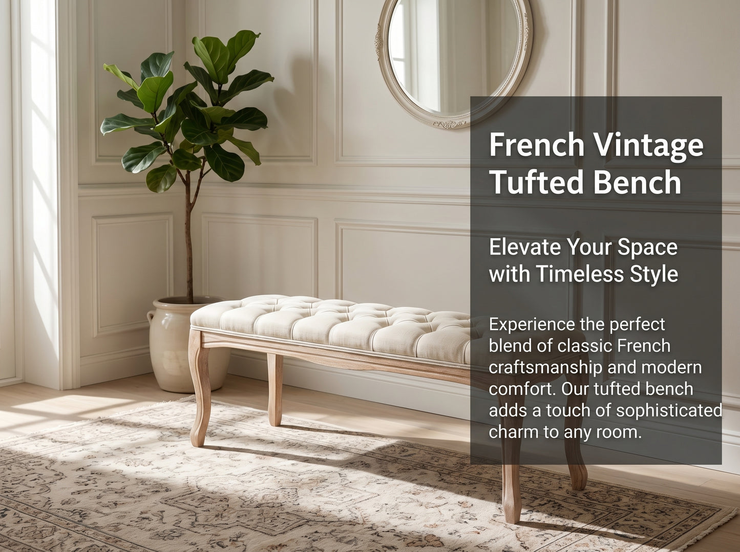 French Vintage Tufted Upholstered Bedroom Bench - Beige