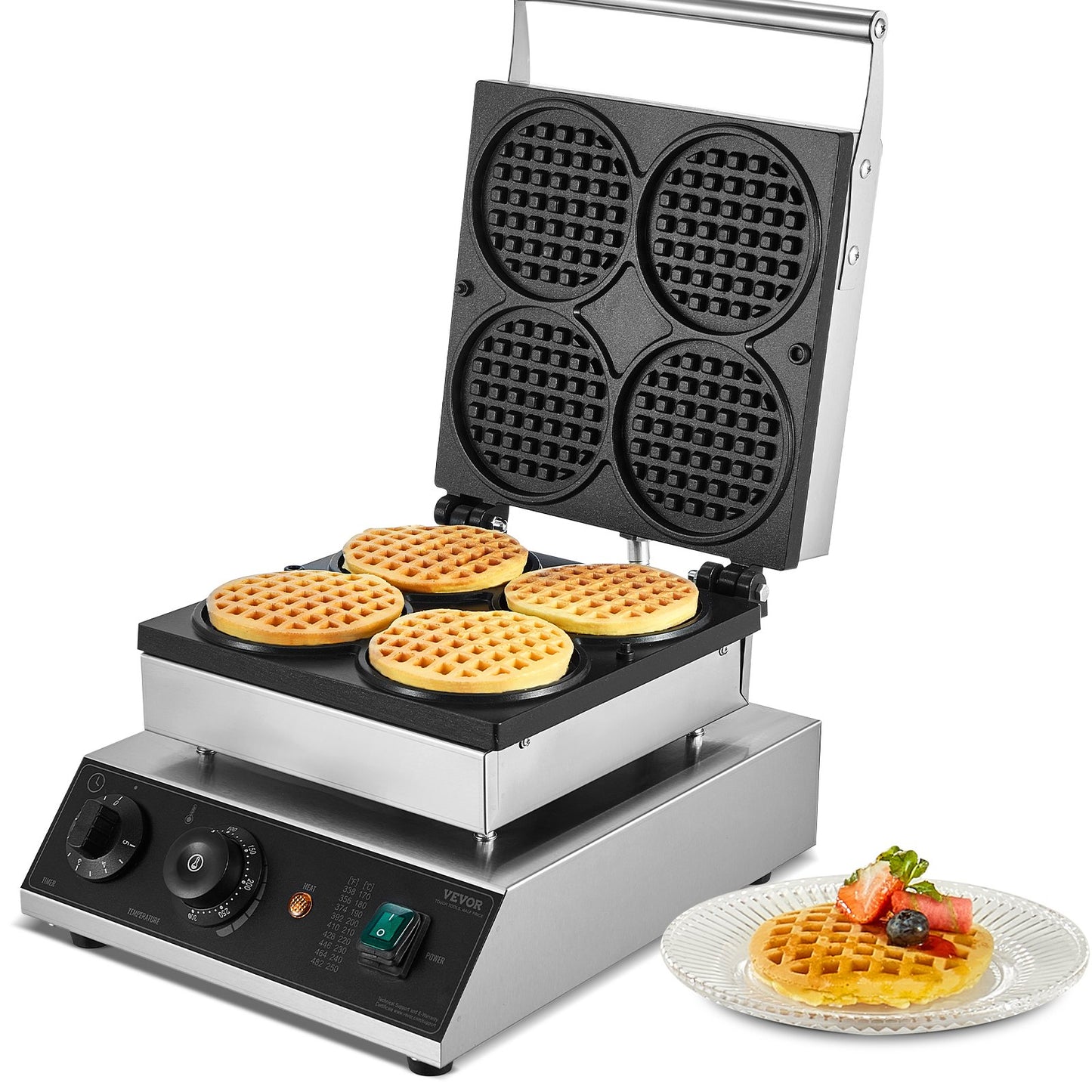 Commercial Waffle Maker 1750W Non-Stick Round Waffle Iron Machine, Professional Kitchen Appliance - Natural