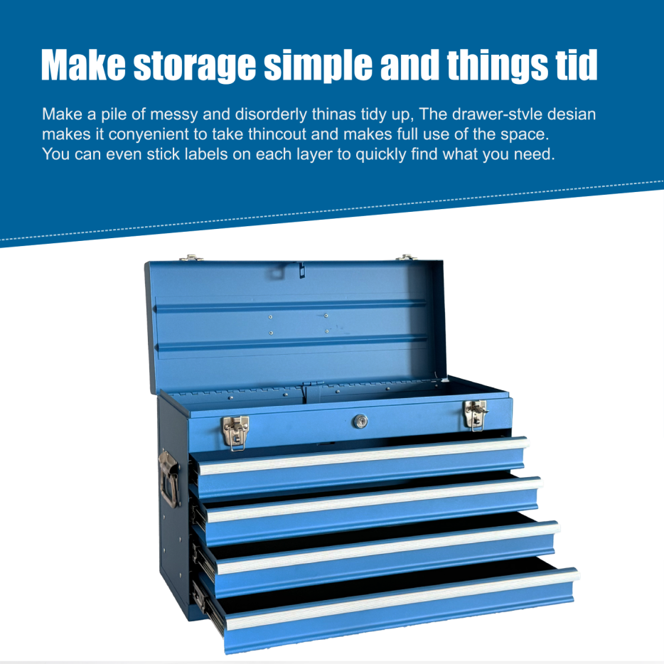 Heavy Duty Metal Tool Box with 4 Drawers - 21-inch Portable Steel Storage Chest, Locking & Powder Coated Finish, Blue