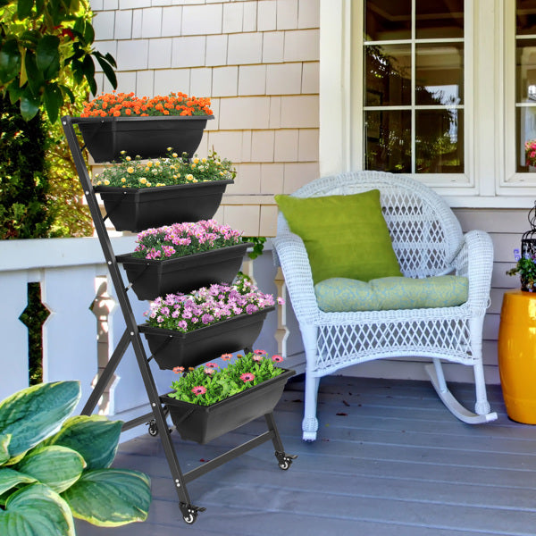 Black 5-Layer Vertical Garden Planter with Wheels - 65x60x130cm