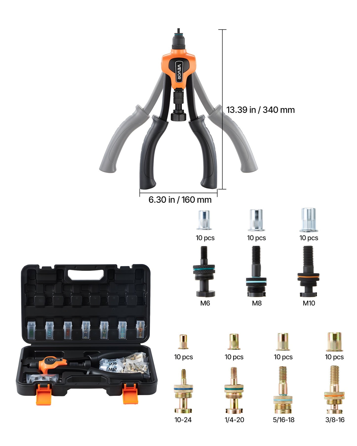 14-Inch Rivet Nut Tool Kit with 7 Mandrels and Nuts - Heavy Duty Fastening Set