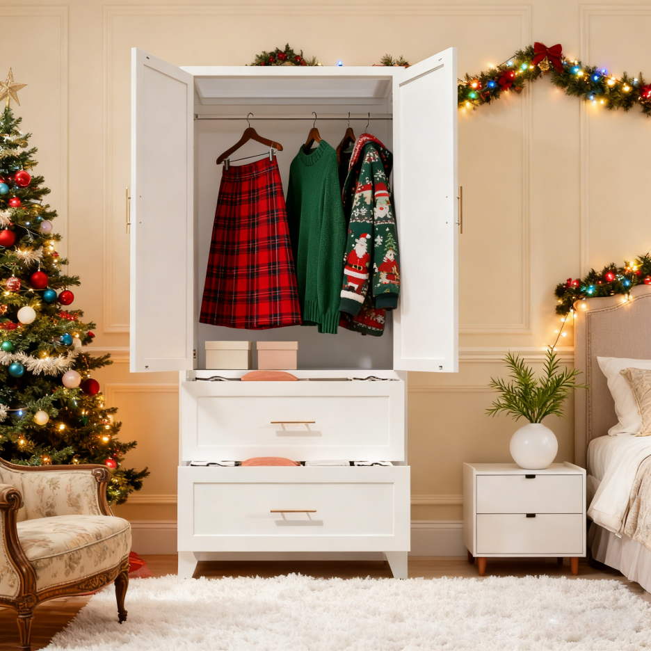 71-Inch Tall Metal Wardrobe Cabinet with 2 Drawers & Hanging Rod - White