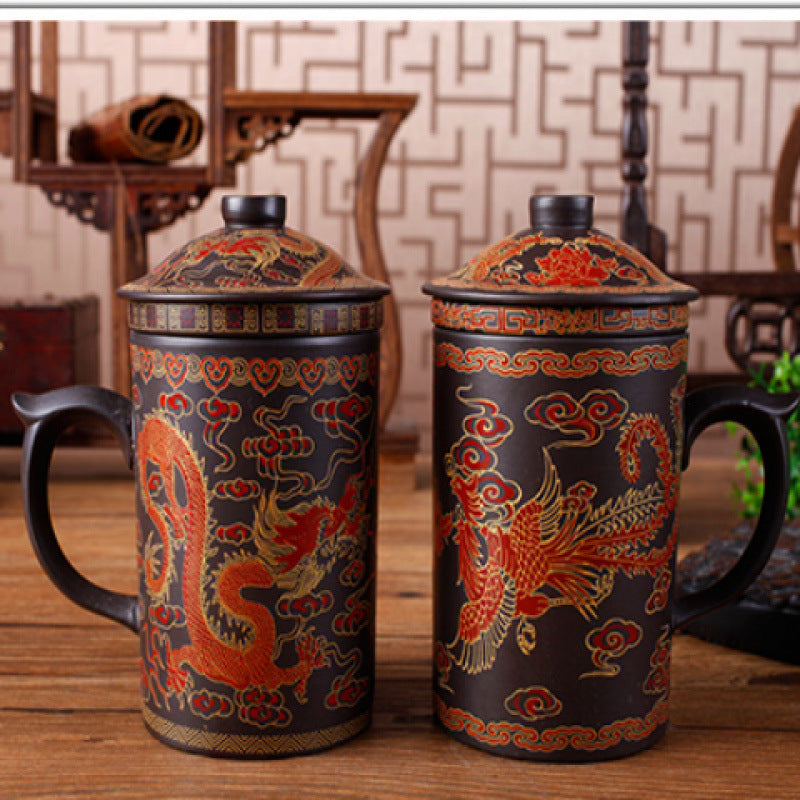 Ceramic Tea Cup Set with Cover and Filter - Handmade Chinese Style, 360ML