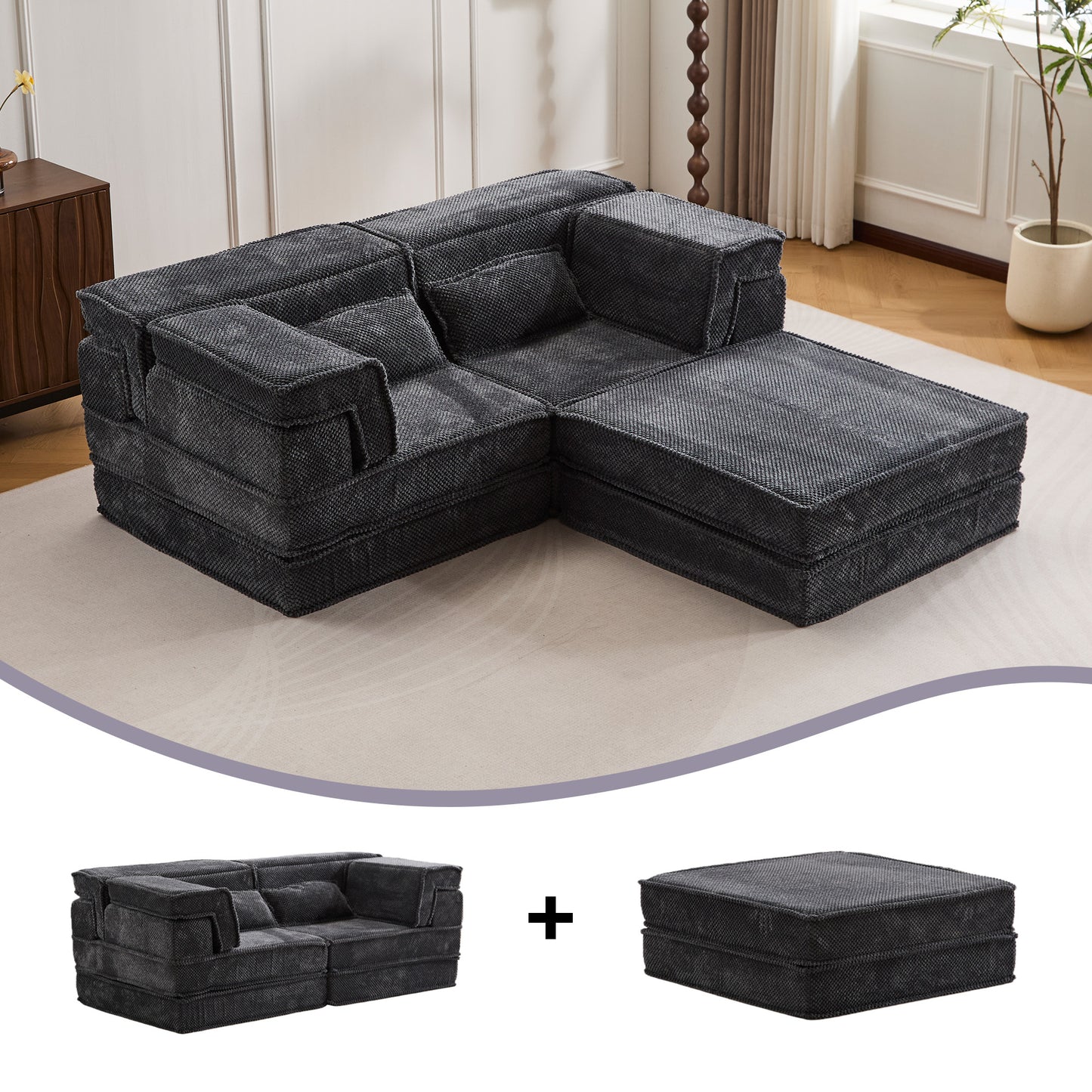 Convertible Floor Sofa Bed - Oversized 2 Seater with Ottoman - Dark Grey