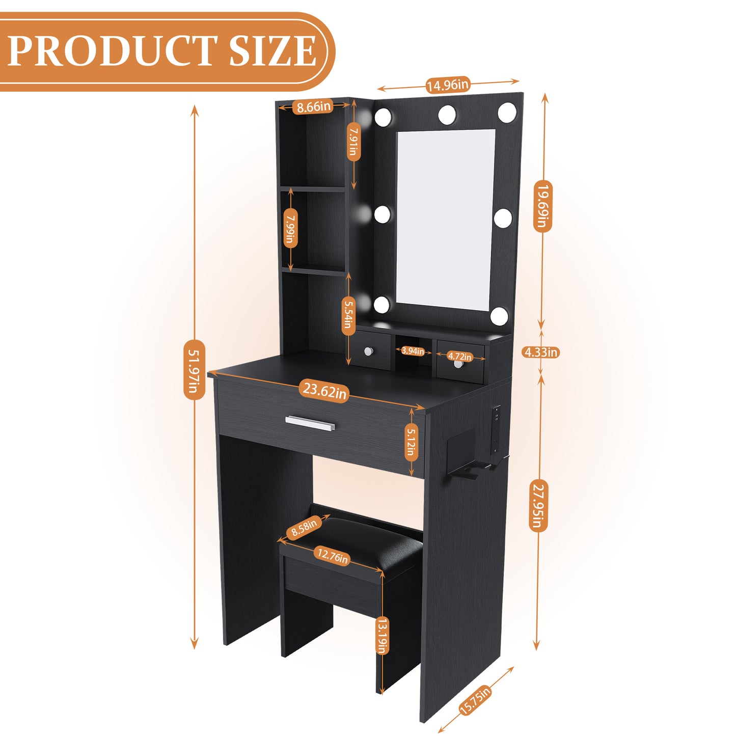 Vanity Table With Mirror & Adjustable LED Lights, Power Outlet,