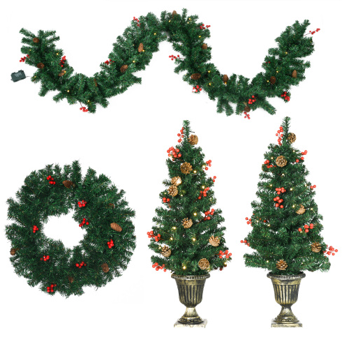 Prelit Christmas Decoration Set - Wreath, Garland & 2 Trees with LED Lights