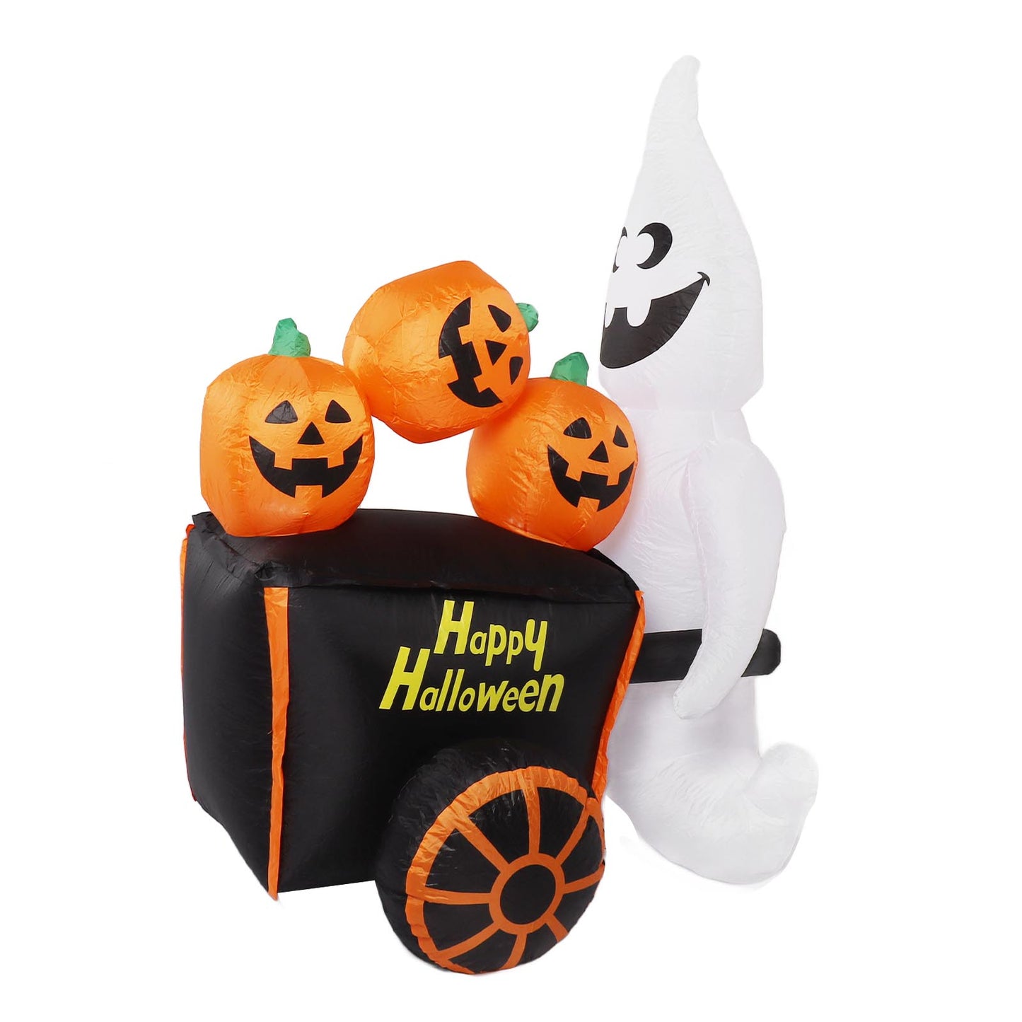 6ft Halloween Inflatable Ghost Pushing Pumpkin Cart Decor IP44 With