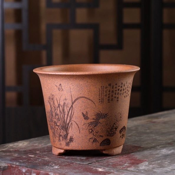 Tall Slanted-Mouth Zisha Flower Pot with Classical Design for Home & Garden