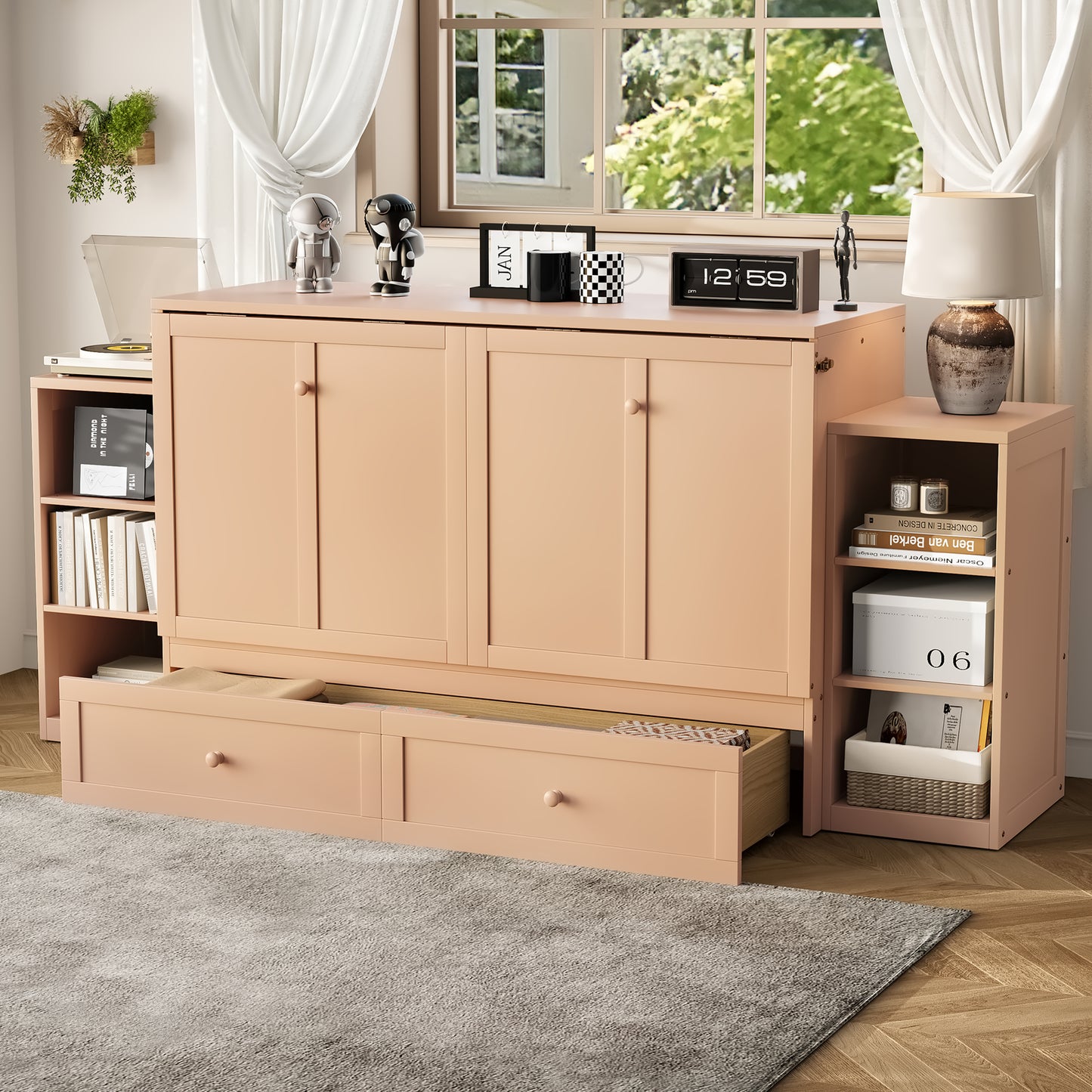 Queen Size Murphy Bed with Storage Drawers and Shelves - Gold