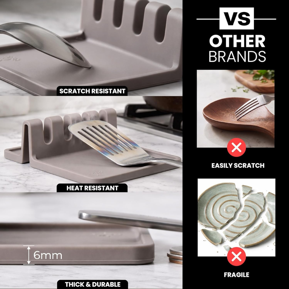 Silicone Spoon Rest - Heat-Resistant Multi-Utensil Holder - Gray