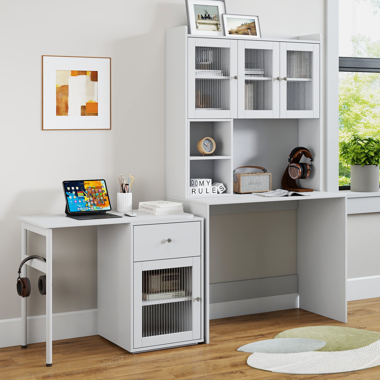 Computer Desk with Glass Door & Hutch - White, Rotating Desktop