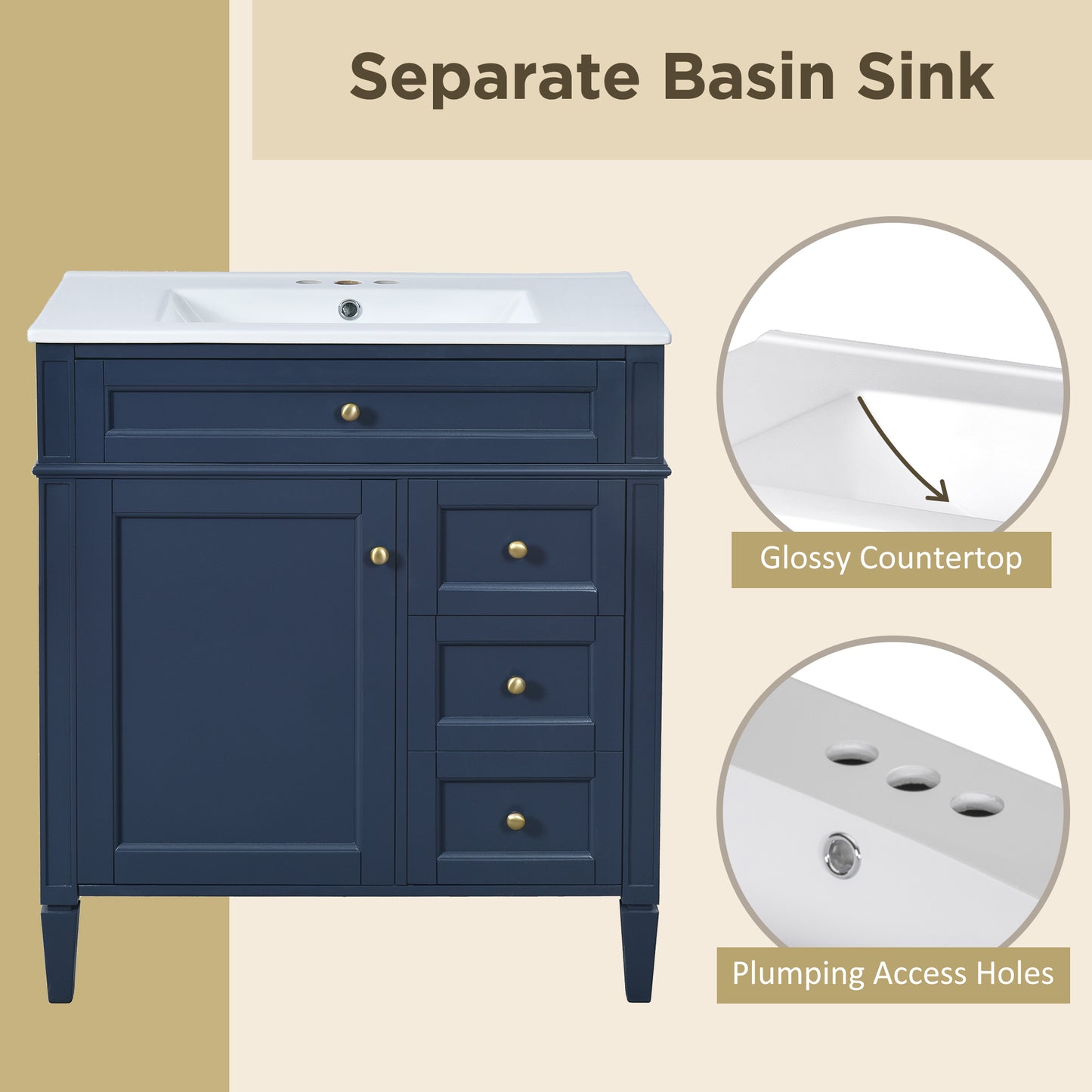 30'' Blue Modern Bathroom Vanity with Sink & Storage Cabinet