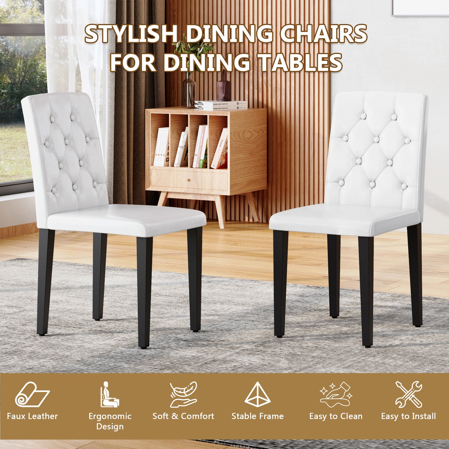 4-pack White PU Dining Chairs Ergonomic Buckle Backrest, 35 Inches