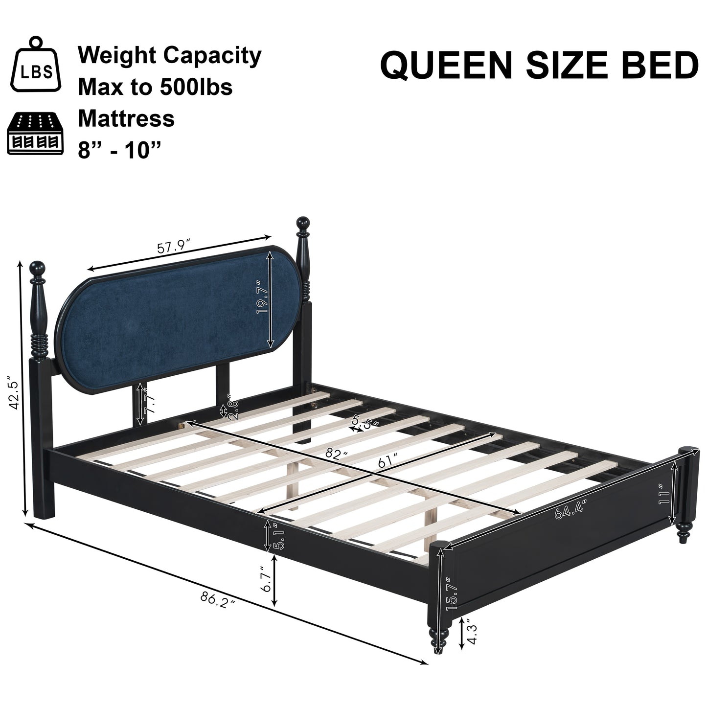 Queen Bed Frame - Solid Wood Platform with Navy Blue & Black Upholstered Headboard
