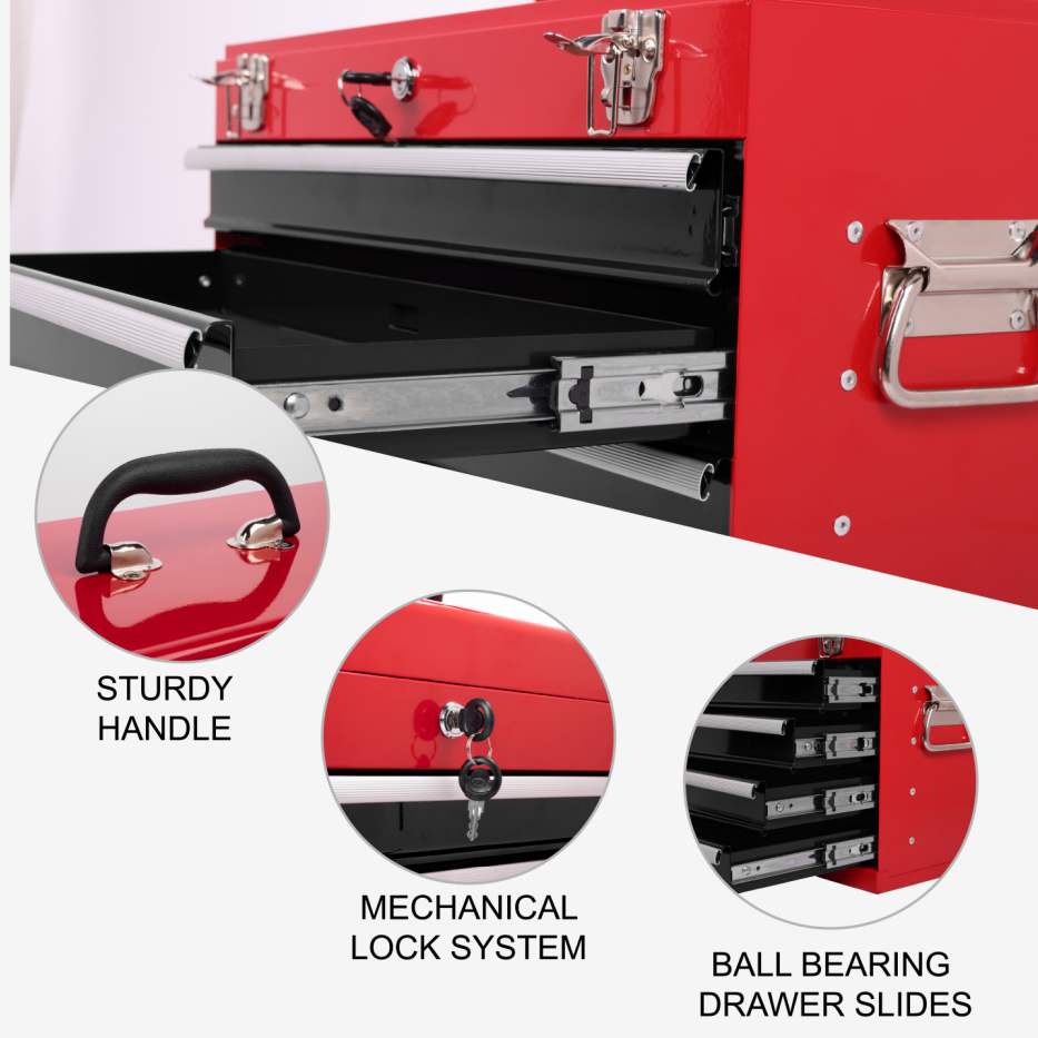 Heavy Duty Metal Tool Box 21-Inch with 4 Drawers, Locking & EVA Liners - Portable Steel Organizer, Red & Black