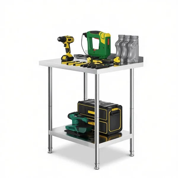 Sleek Metal Work Table With Easy To Clean And Adjustable Shelves For