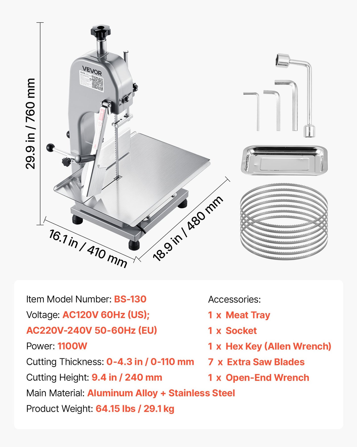 Electric Meat Bandsaw 1100W with 12.4x18.1 Inch Workbench and 7 Blades
