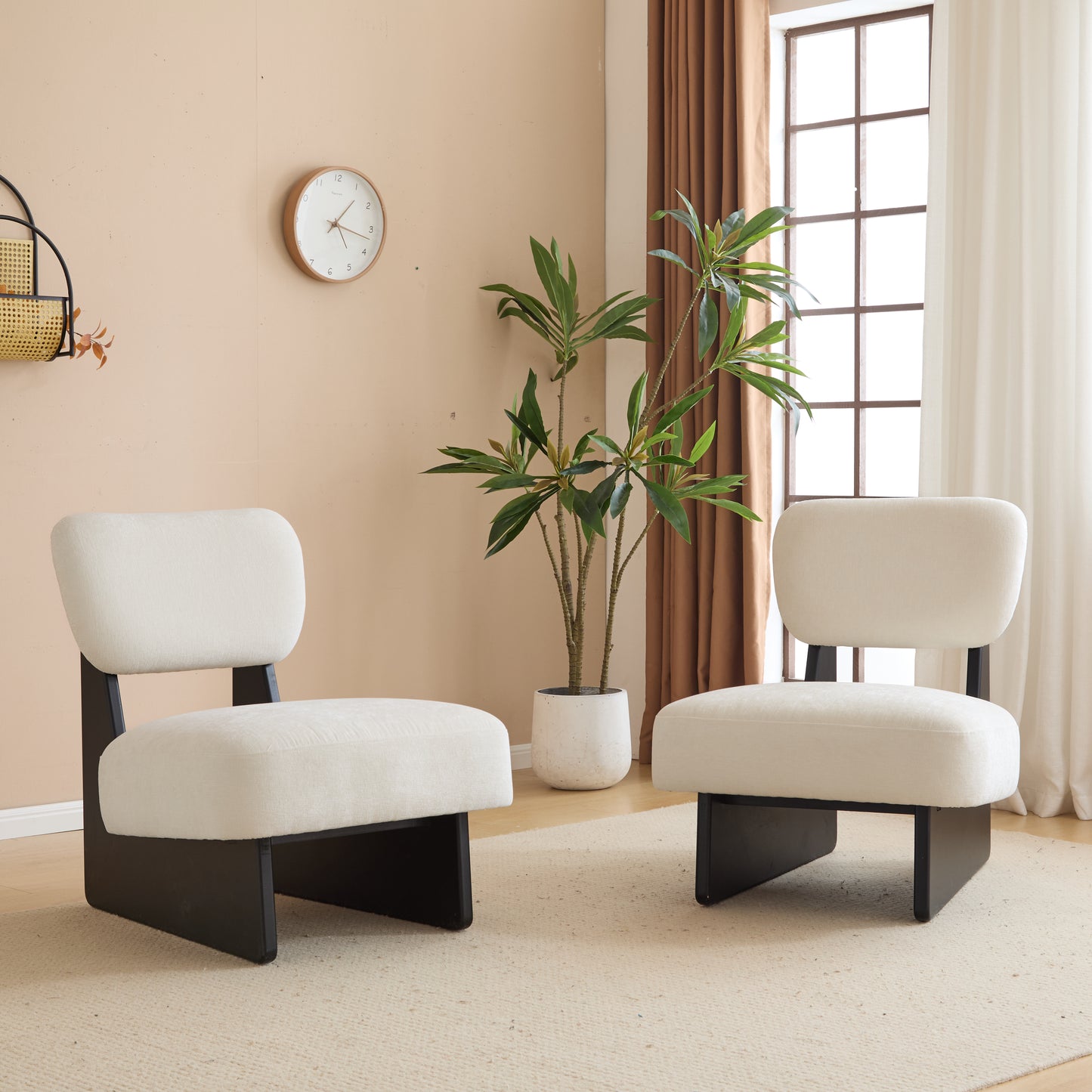 Modern Beige Lounge Chair With Polyester Upholstery, Sturdy Wood Base