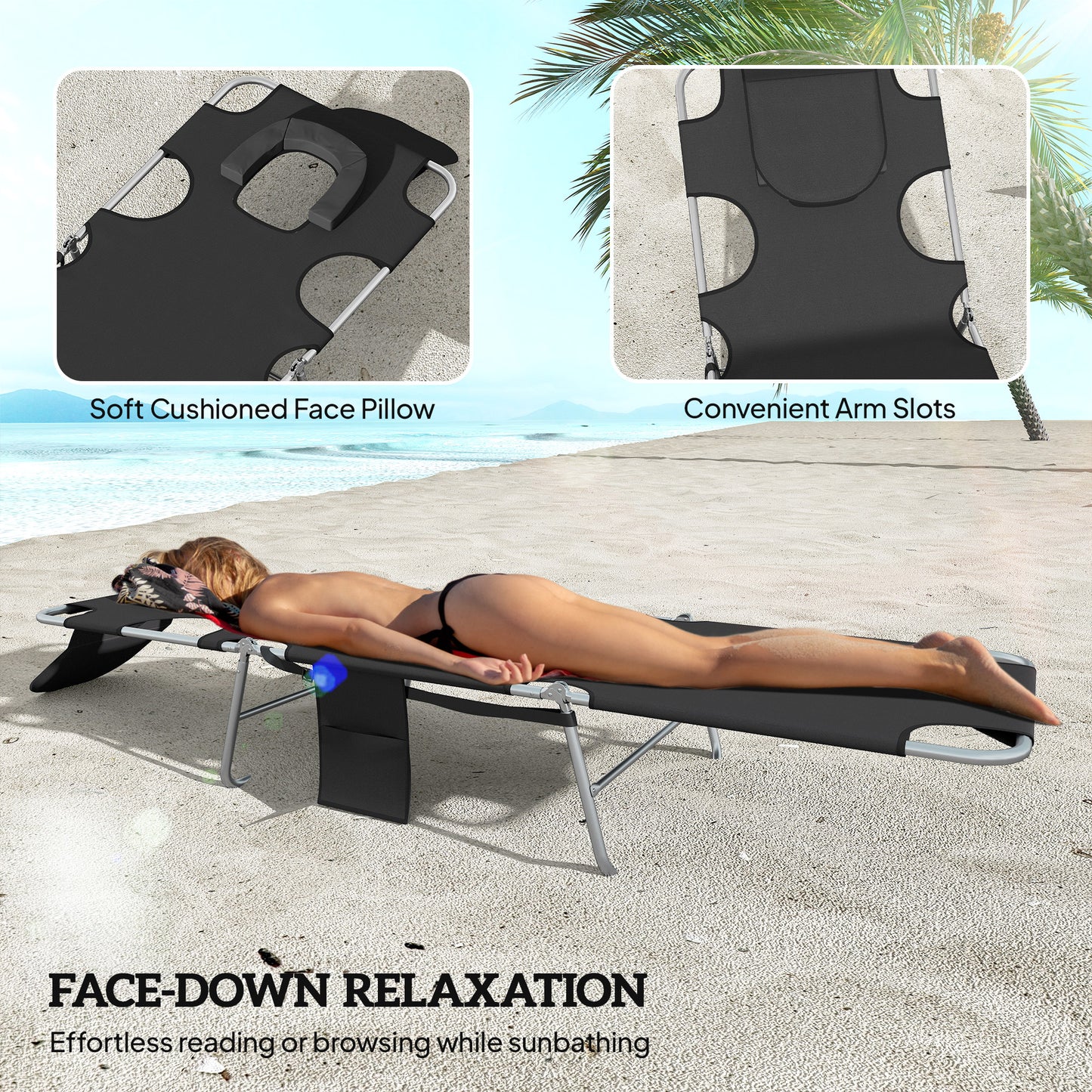 2 Adjustable Tanning Chairs with Face Hole - Outdoor Chaise Lounge Set