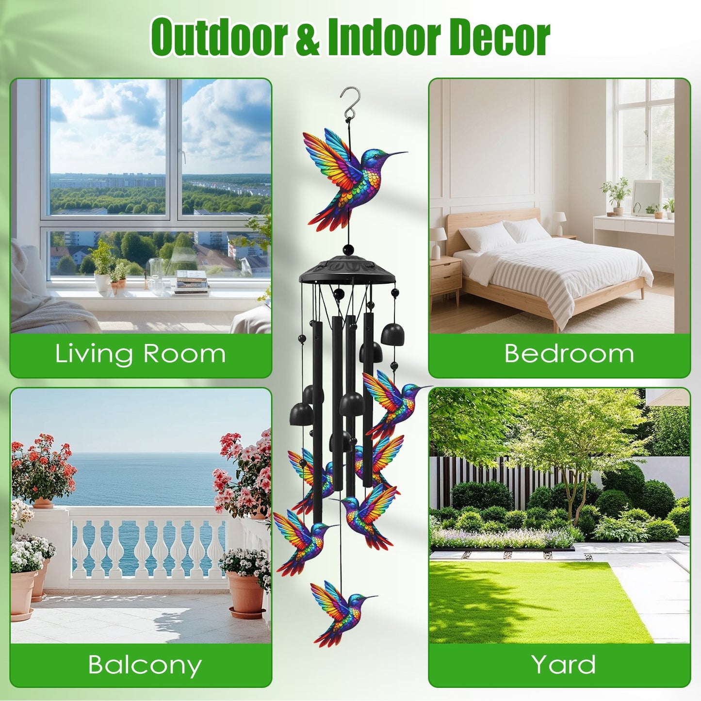 Outdoor Metal Wind Chimes with Aluminum Tubes for Garden Yard Patio Decor - Butterfly & Hummingbird Variants