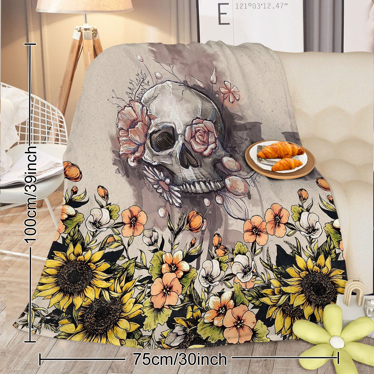Rustic Skull Sunflower Flannel Fleece Throw Blanket - Multicolor