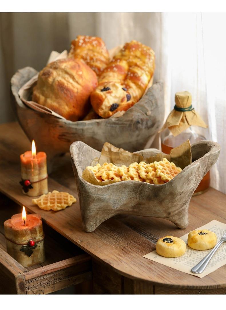 Wooden Ingot-Shaped Fruit Tray with Feet - Solid Wood Bread Plate for Kitchen