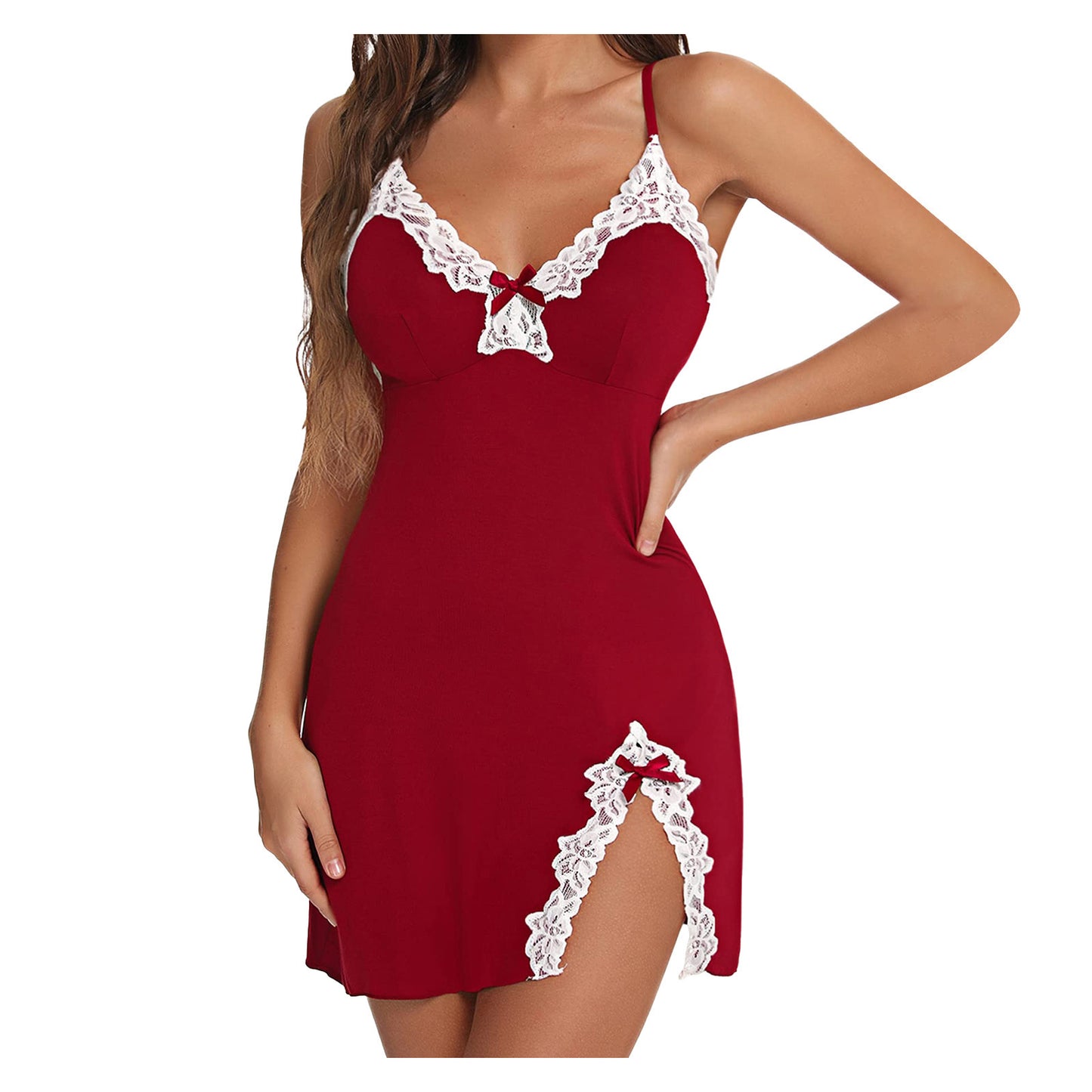 Slim Fit Deep V Lace Nightdress with Bow & Side Slit