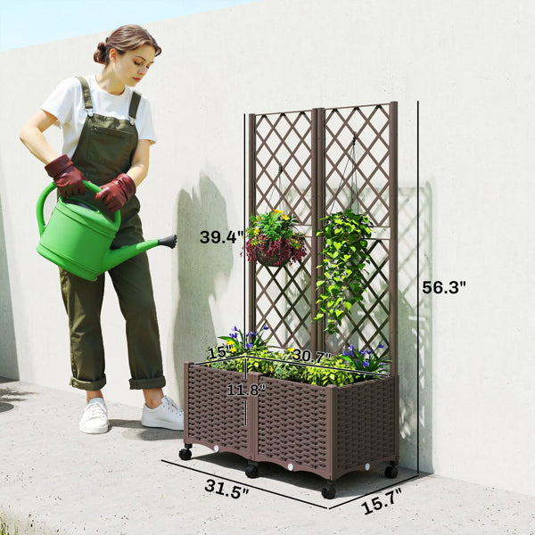 Raised Garden Planter Box with Trellis - Brown