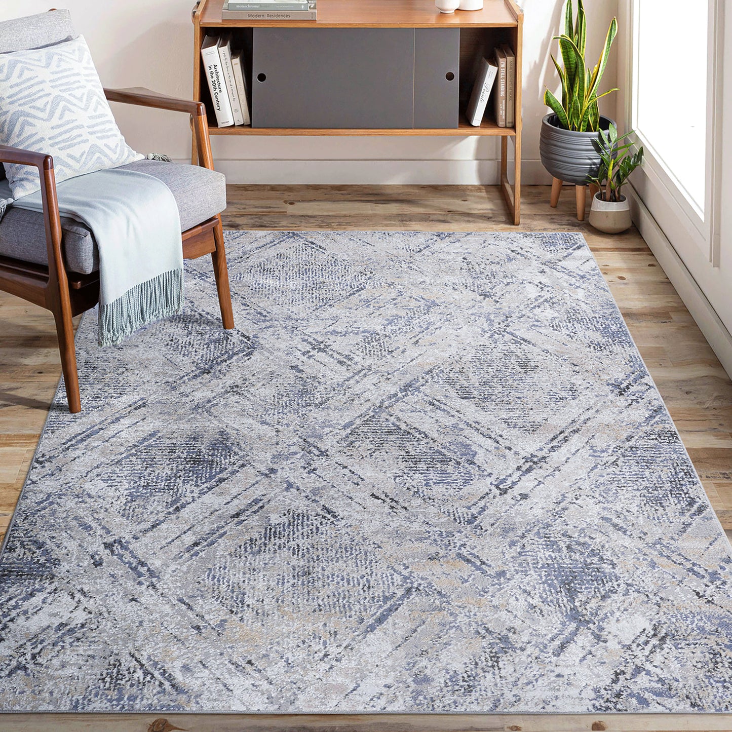 PAYAS 7x9 Blue Grey Geometric Runner Rug
