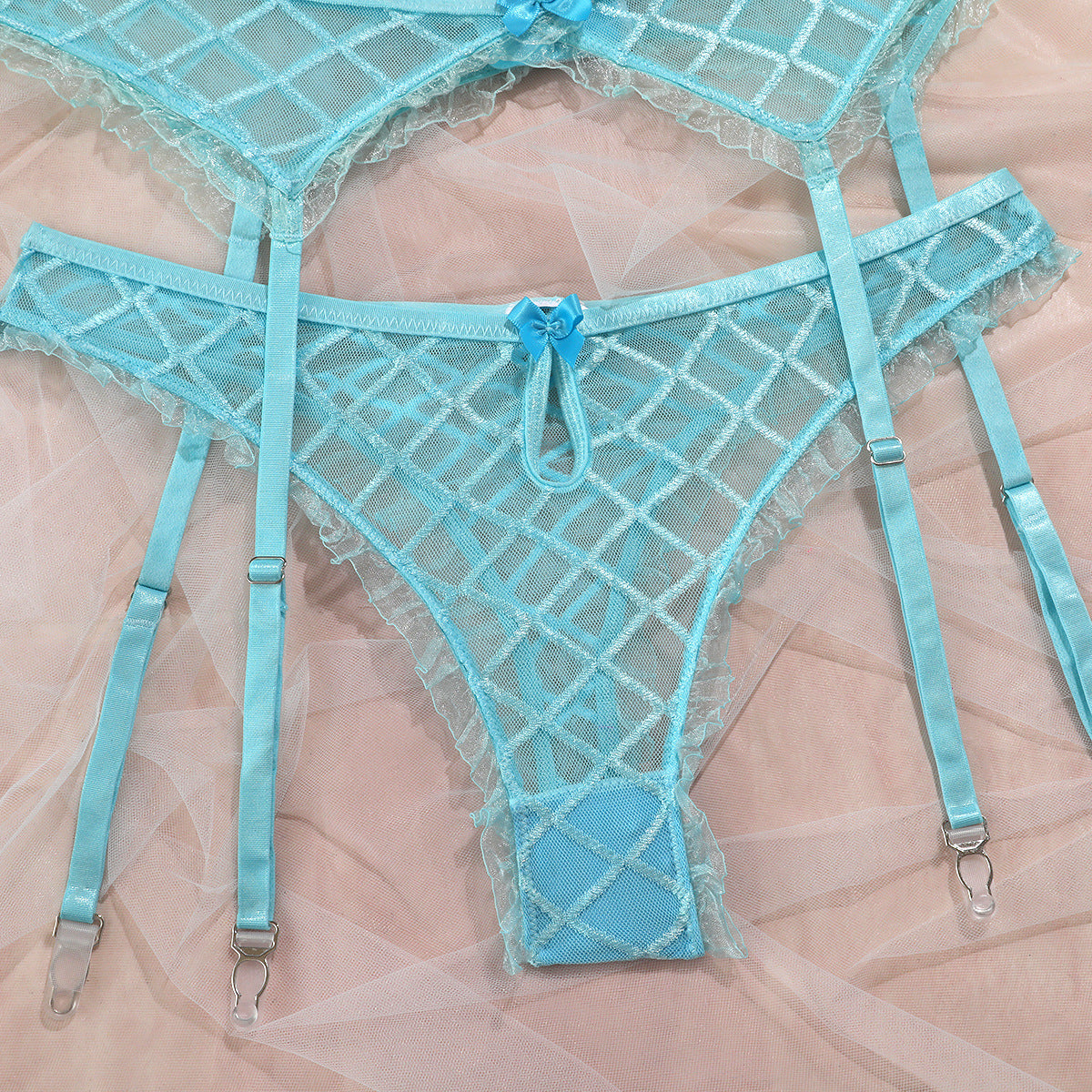 Mesh Push-Up Underwear Set for Women - Four-Piece Lingerie with Scarf