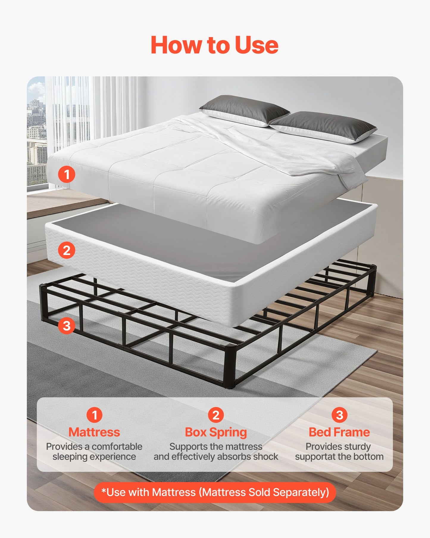 Queen Size Bed Frame with Washable Fabric Cover - Heavy Duty Metal Support