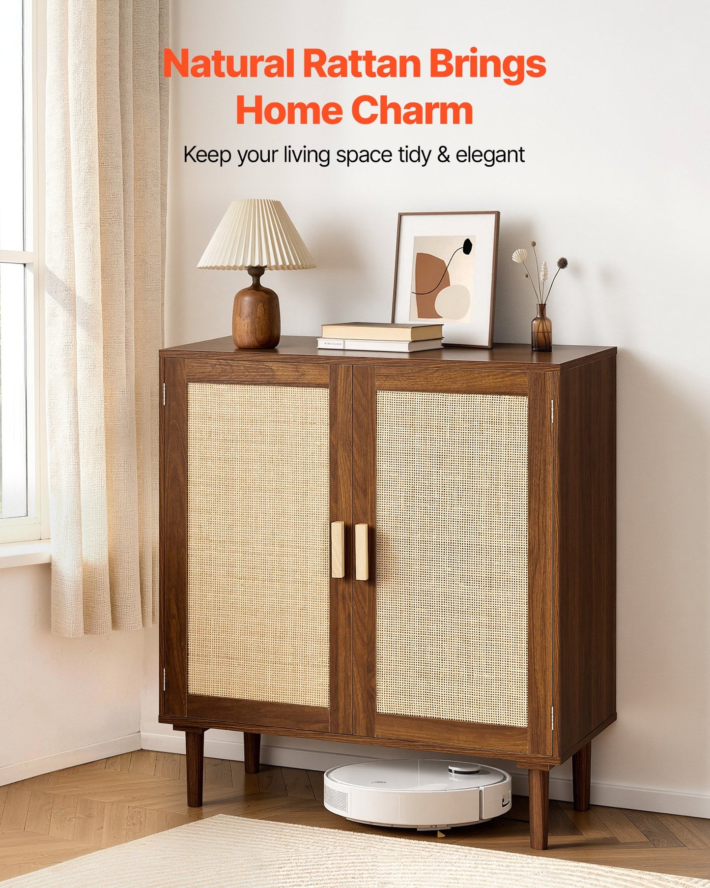 Rattan Storage Cabinet with Magnetic Doors and Adjustable Shelves - Khaki