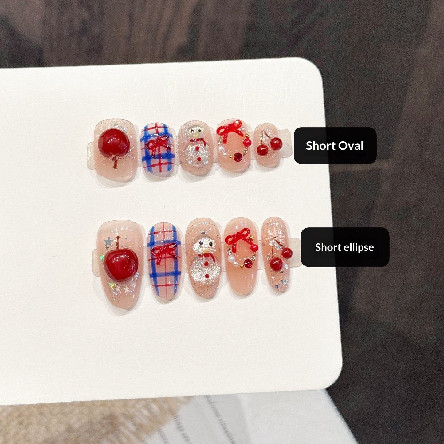Cherry Snowman Wearable Nail Stickers with Plaid Bow Design - Short Style